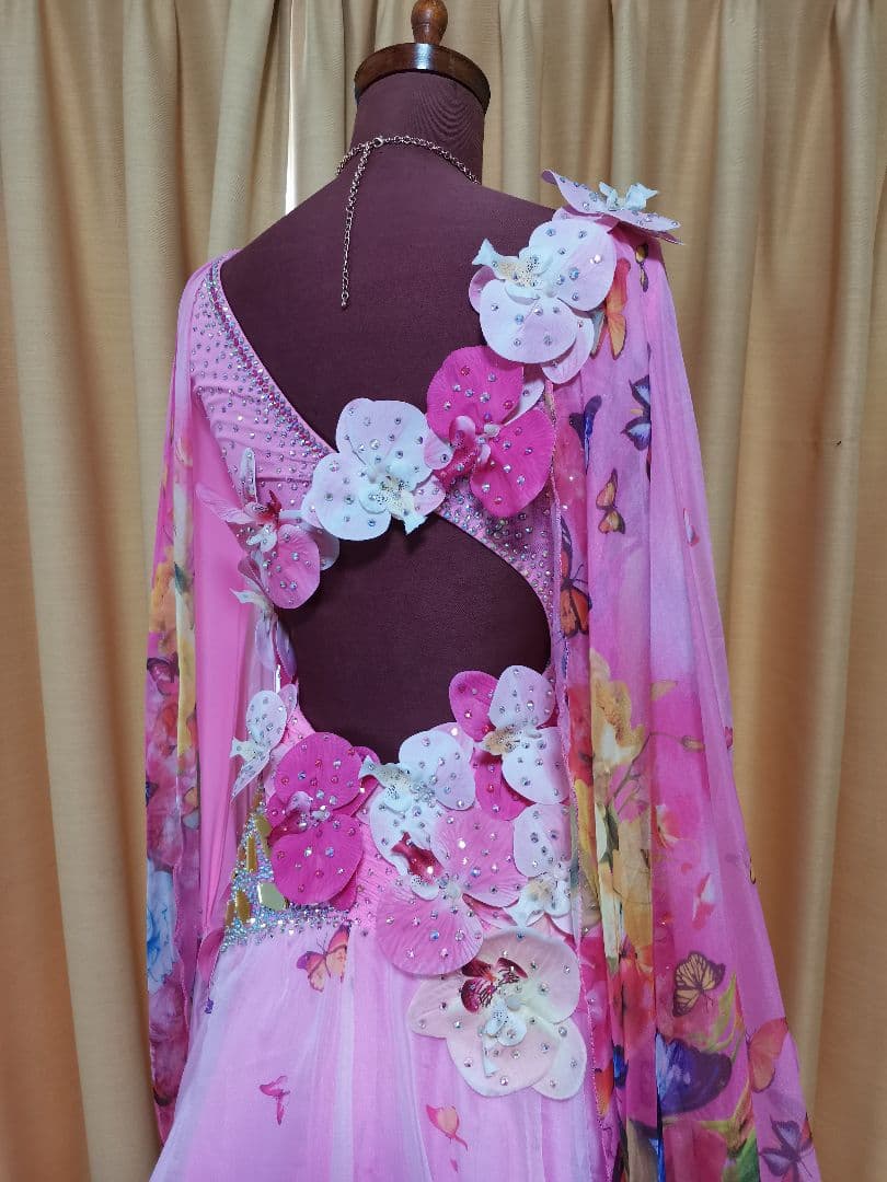 TY社交ダンス スタンダードドレス デモ競技 M　ピンク花柄　豪華