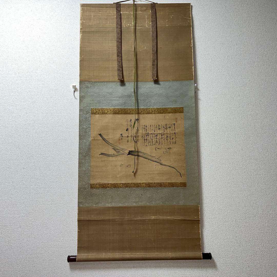 掛ケ軸 墨書 水墨画ー牛蒡 横幅