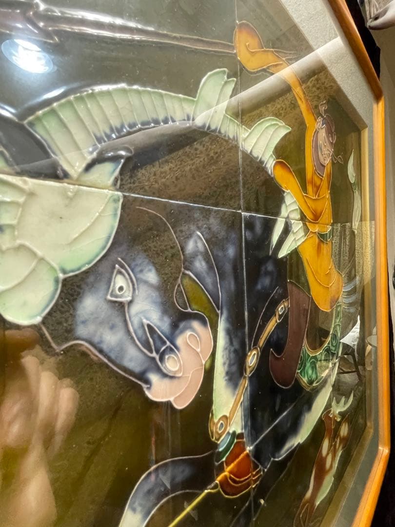 値下げ/エネルギーの高い　陶板画　中国騎馬武者　62 × 72厚さ4センチ