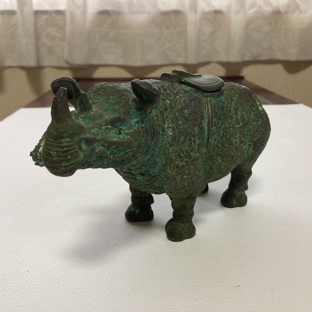 古いサイの置物 動物 銅製 オブジェ 香炉 工芸品 古美術 骨董品 レトロ