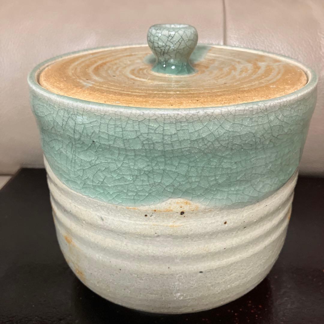 相馬焼　明月窯　馬の絵柄の青緑色水差し