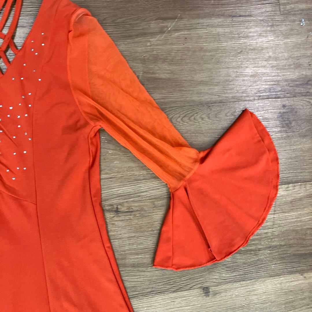 2.3 社交ダンス 舞台衣装 フレアスリーブ ロングドレス オレンジ 衣装