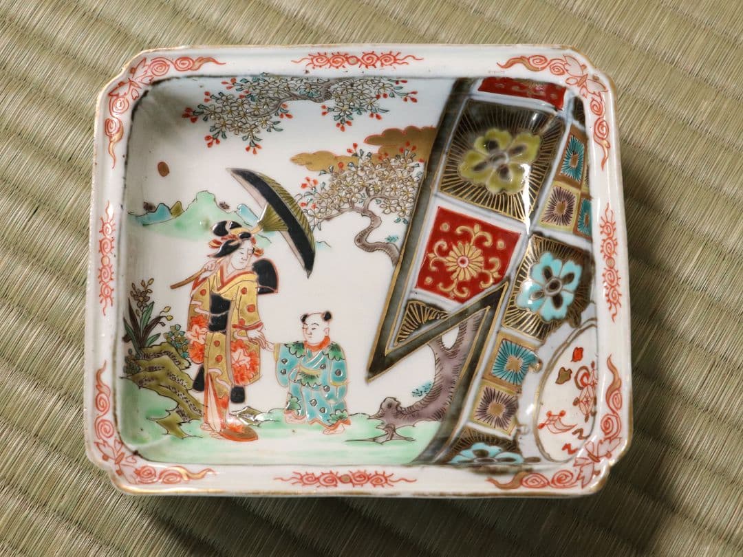 古伊万里 美人図 色絵 角皿 刺身皿 五客 人物 桜 小紋 明治期【MA424】