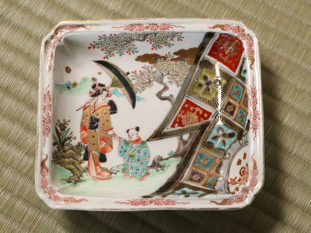 古伊万里 美人図 色絵 角皿 刺身皿 五客 人物 桜 小紋 明治期【MA424】