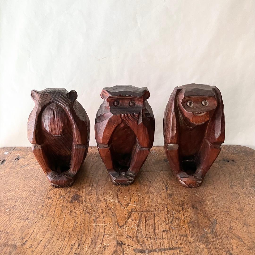 木製 三猿 彫刻 木彫り　サル　昭和レトロ　ビンテージ　骨董　アンティーク　置物