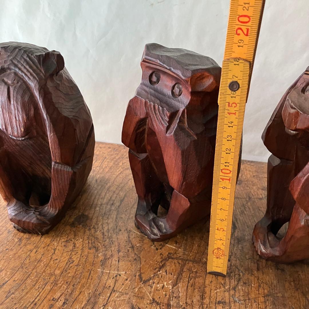 木製 三猿 彫刻 木彫り　サル　昭和レトロ　ビンテージ　骨董　アンティーク　置物