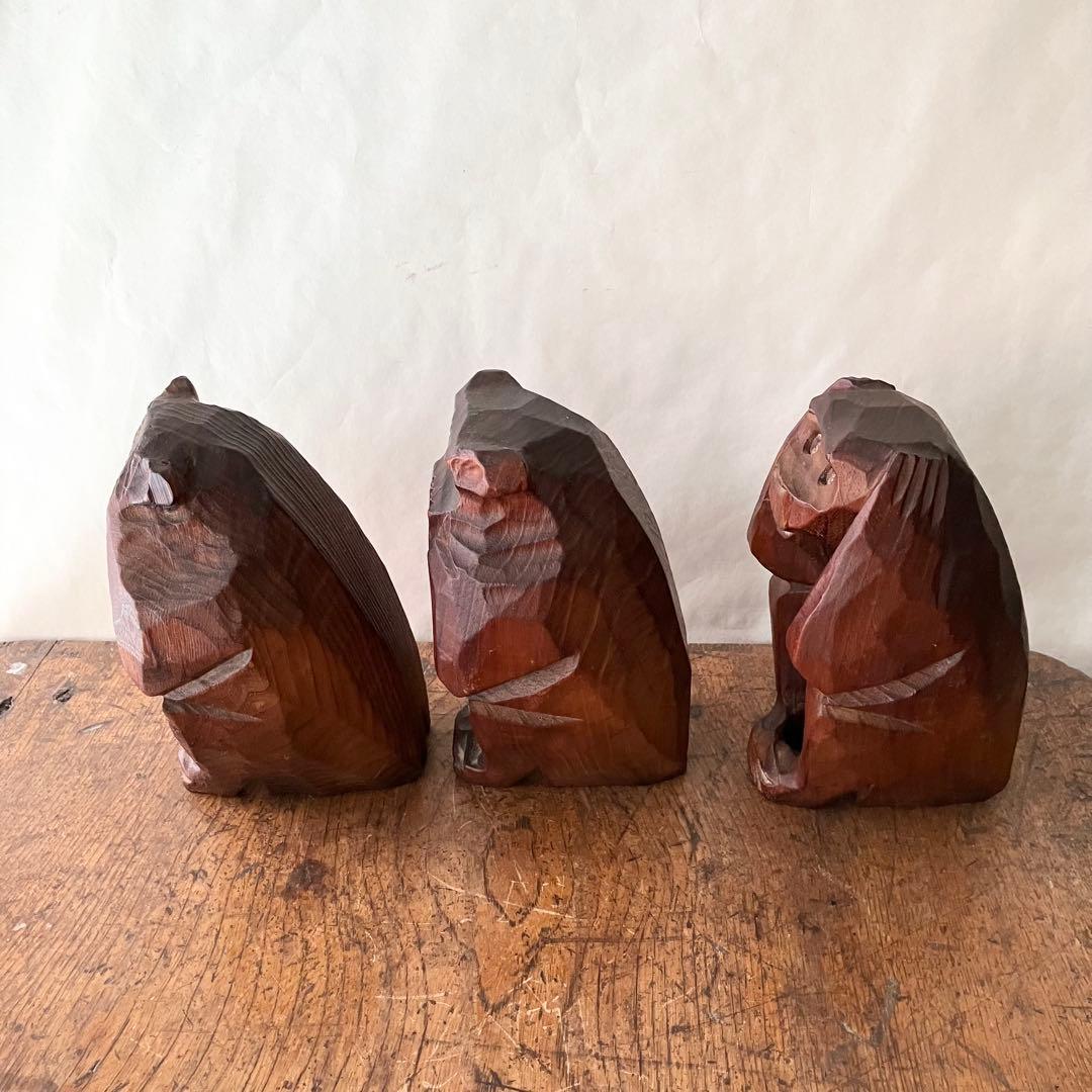 木製 三猿 彫刻 木彫り　サル　昭和レトロ　ビンテージ　骨董　アンティーク　置物