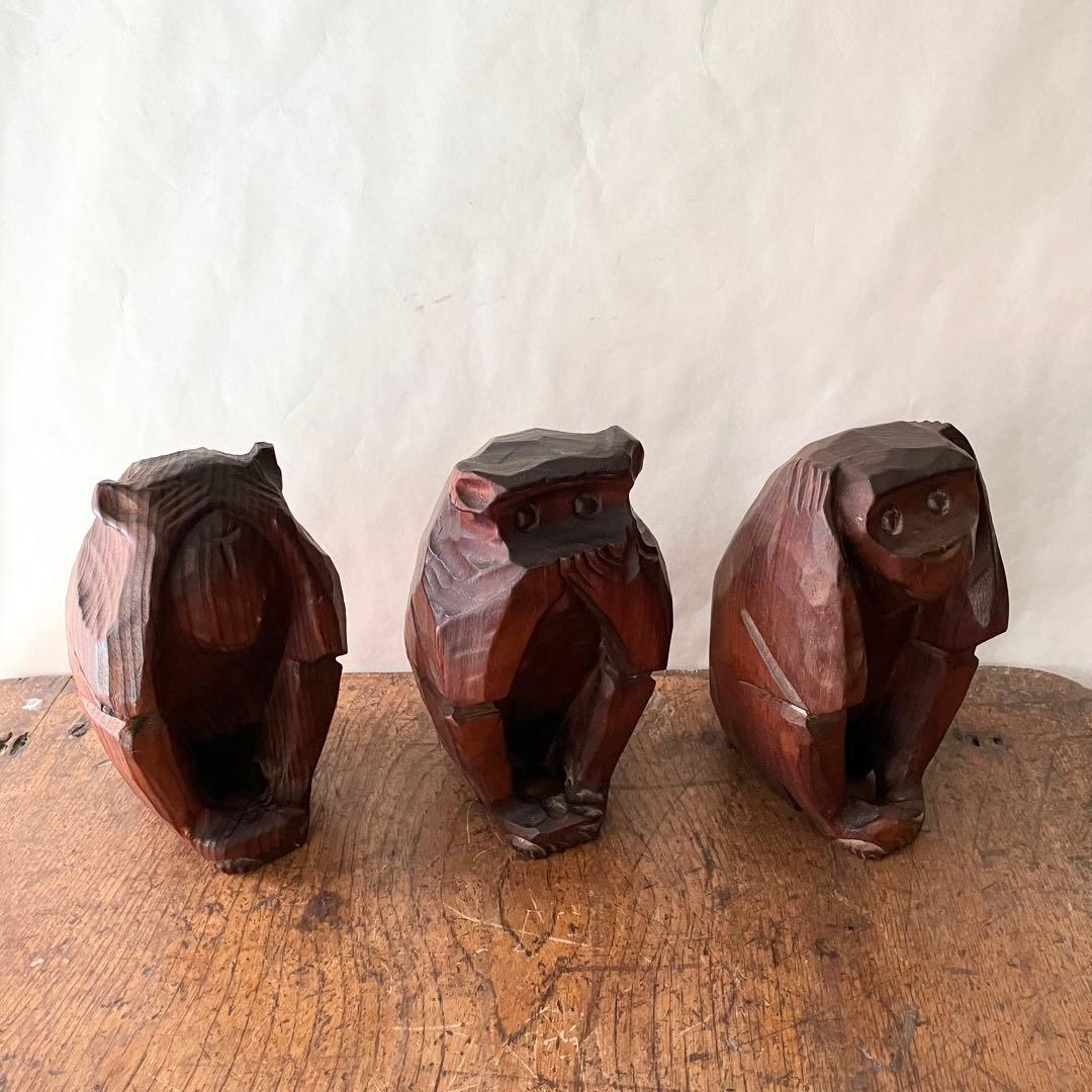木製 三猿 彫刻 木彫り　サル　昭和レトロ　ビンテージ　骨董　アンティーク　置物
