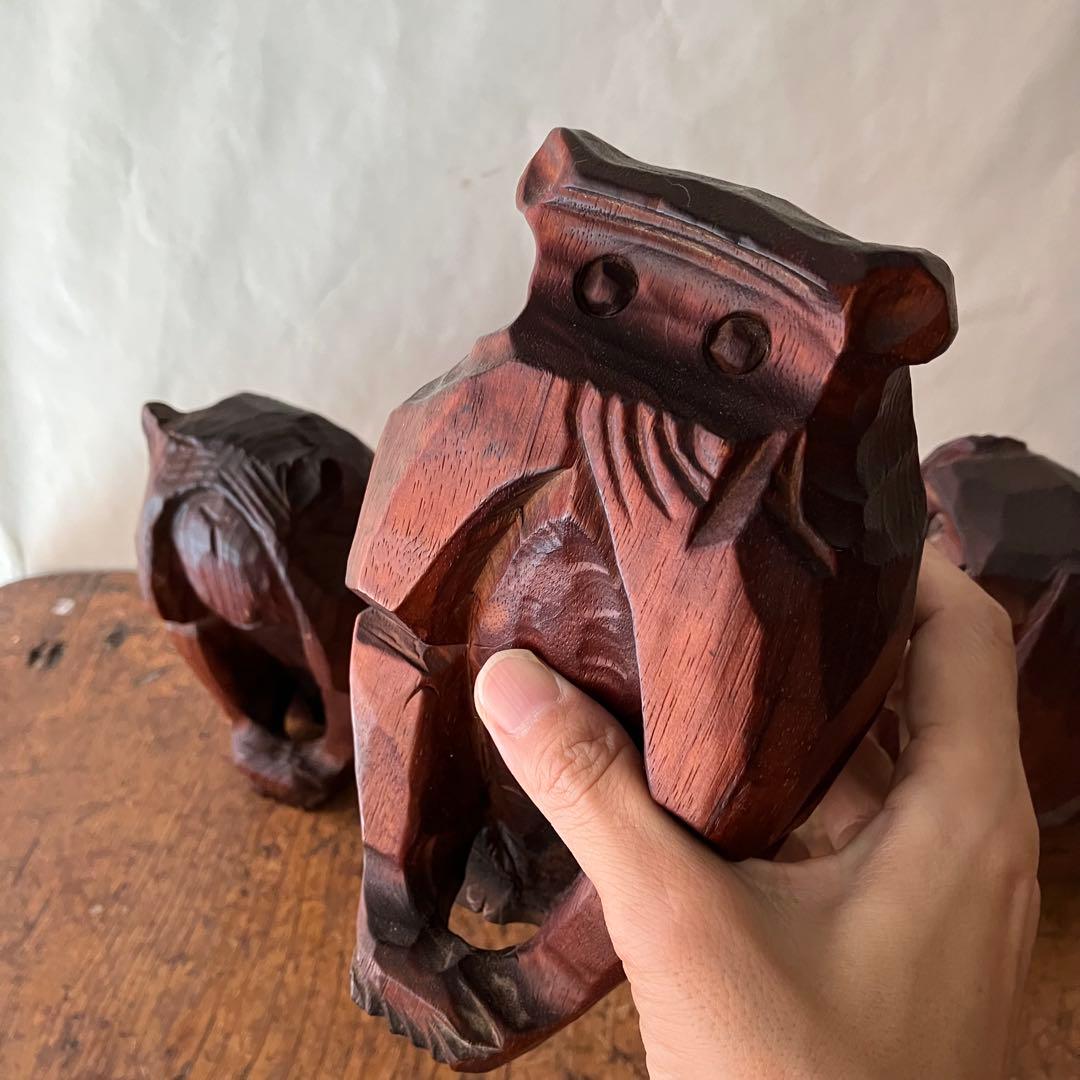 木製 三猿 彫刻 木彫り　サル　昭和レトロ　ビンテージ　骨董　アンティーク　置物