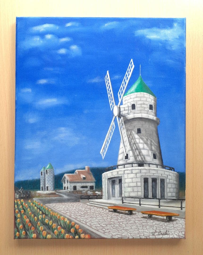 油絵　「白い風車小屋」サイズF6