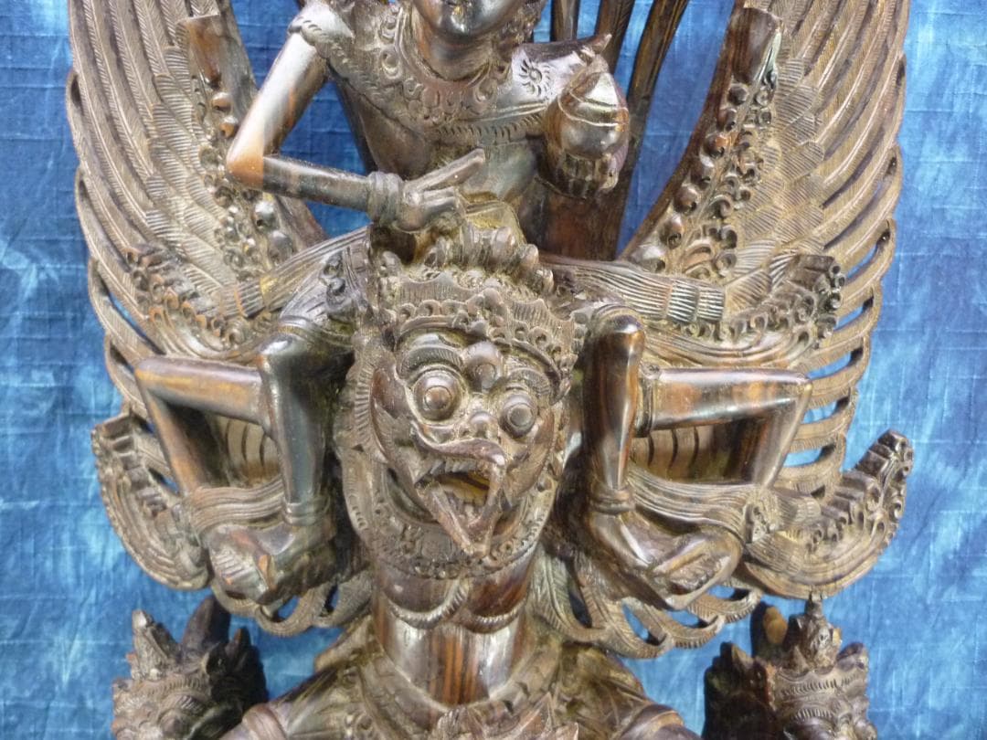 黒檀木彫 ビシュヌ神 ガルーダ ヒンドゥー教 バリ島 超細密彫刻 高さ53cm