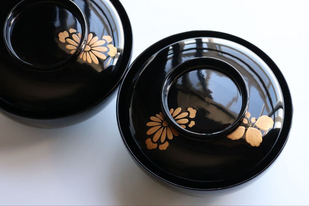 【CM397】天然木漆塗 菊桐鳳凰金蒔絵 黒塗 煮物椀 二客 昭和期 木製漆器