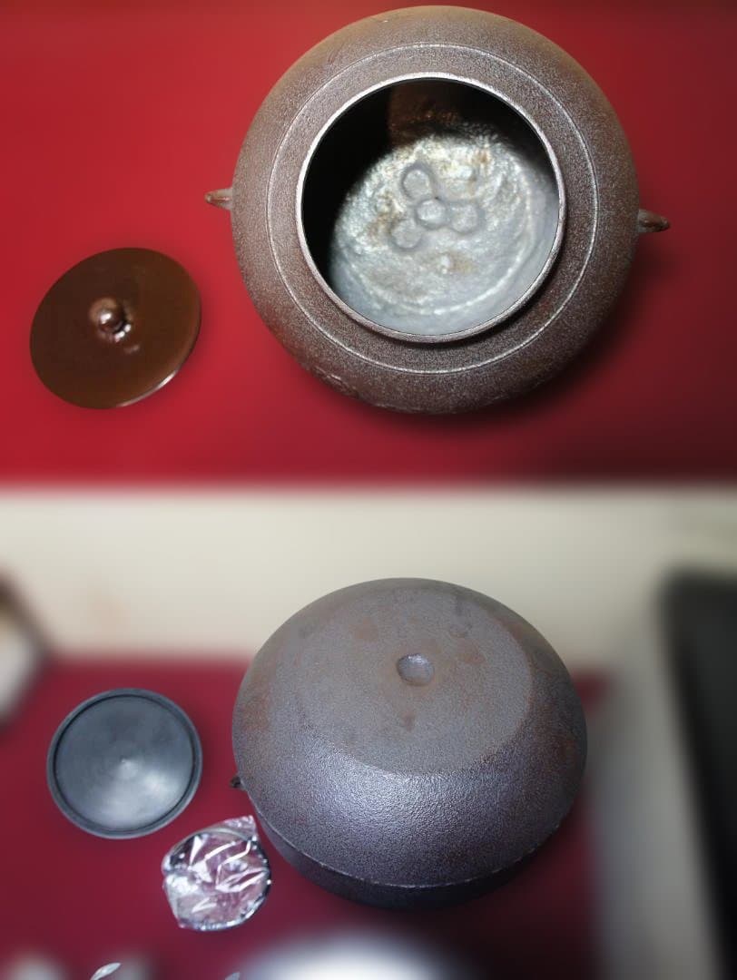 ☆焼杉置炉 在銘 真形釜 釜鐶 置炉用600w炭型電熱器 送料込み