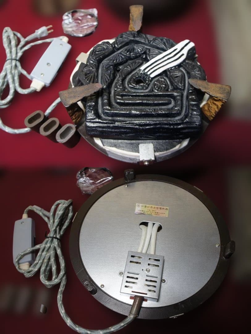 ☆焼杉置炉 在銘 真形釜 釜鐶 置炉用600w炭型電熱器 送料込み