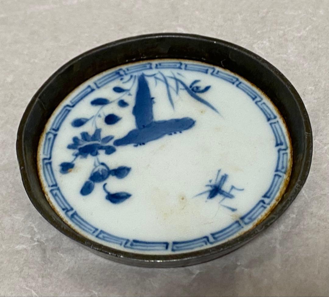 煎茶道具　中国唐物　古錫茶托　浄足銘　花に虫図染付　希少