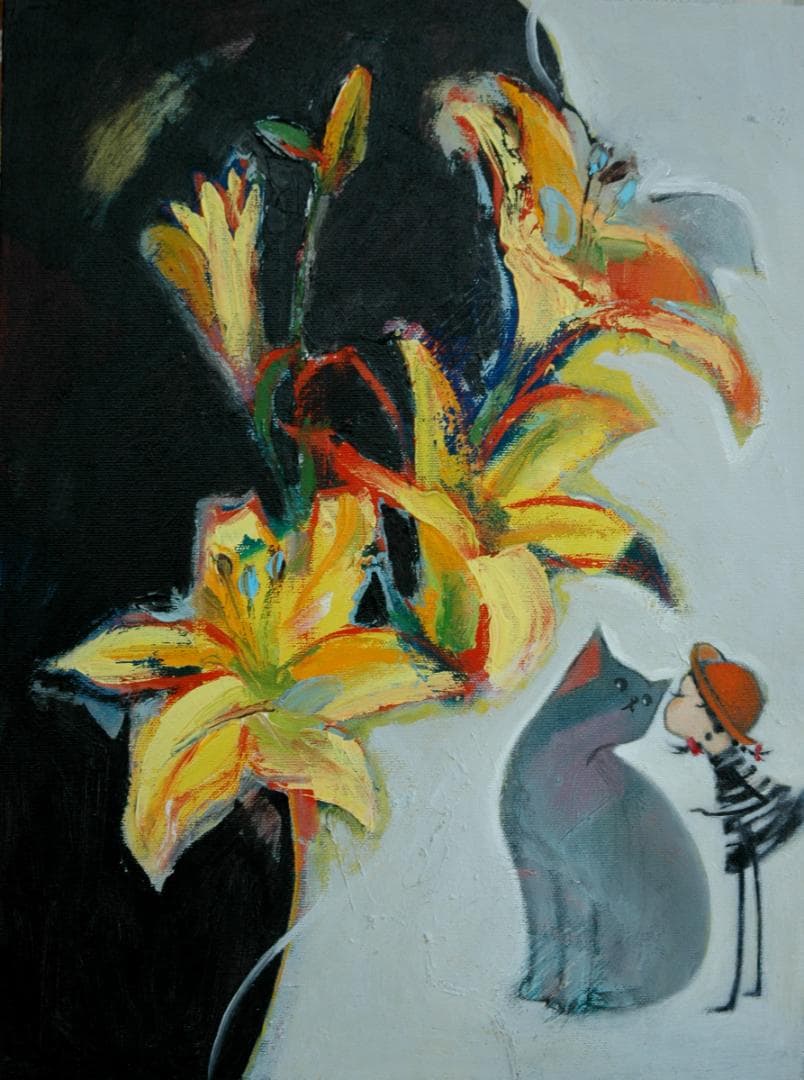 油絵 菅家令子絵 絵画インテリア額付(青緑＋金色の枠)uF6-050320猫女子