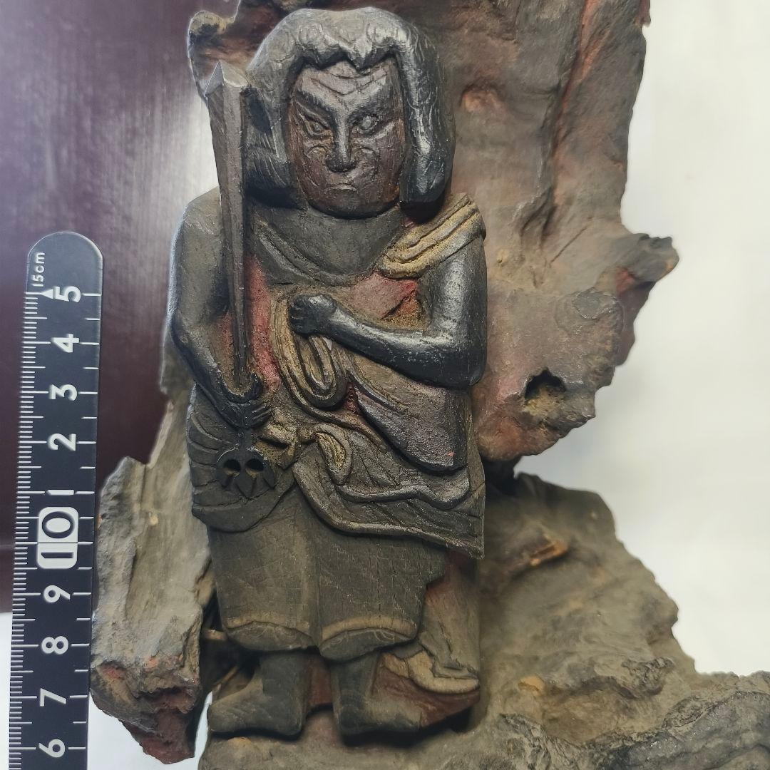 不動明王像 木彫り 樹根彫り光背 江戸骨董 桐箱付 仏教美術 アンティーク