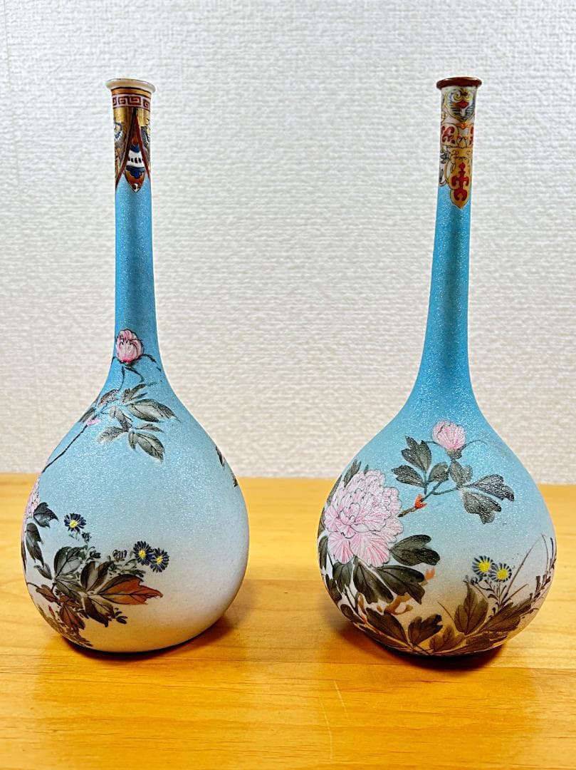 ★美品★ 竹内忠兵衛 花鳥文 花瓶 明治 シャークスキン 特許 石目焼 2点