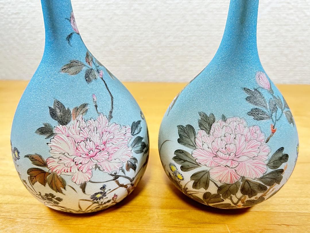 ★美品★ 竹内忠兵衛 花鳥文 花瓶 明治 シャークスキン 特許 石目焼 2点
