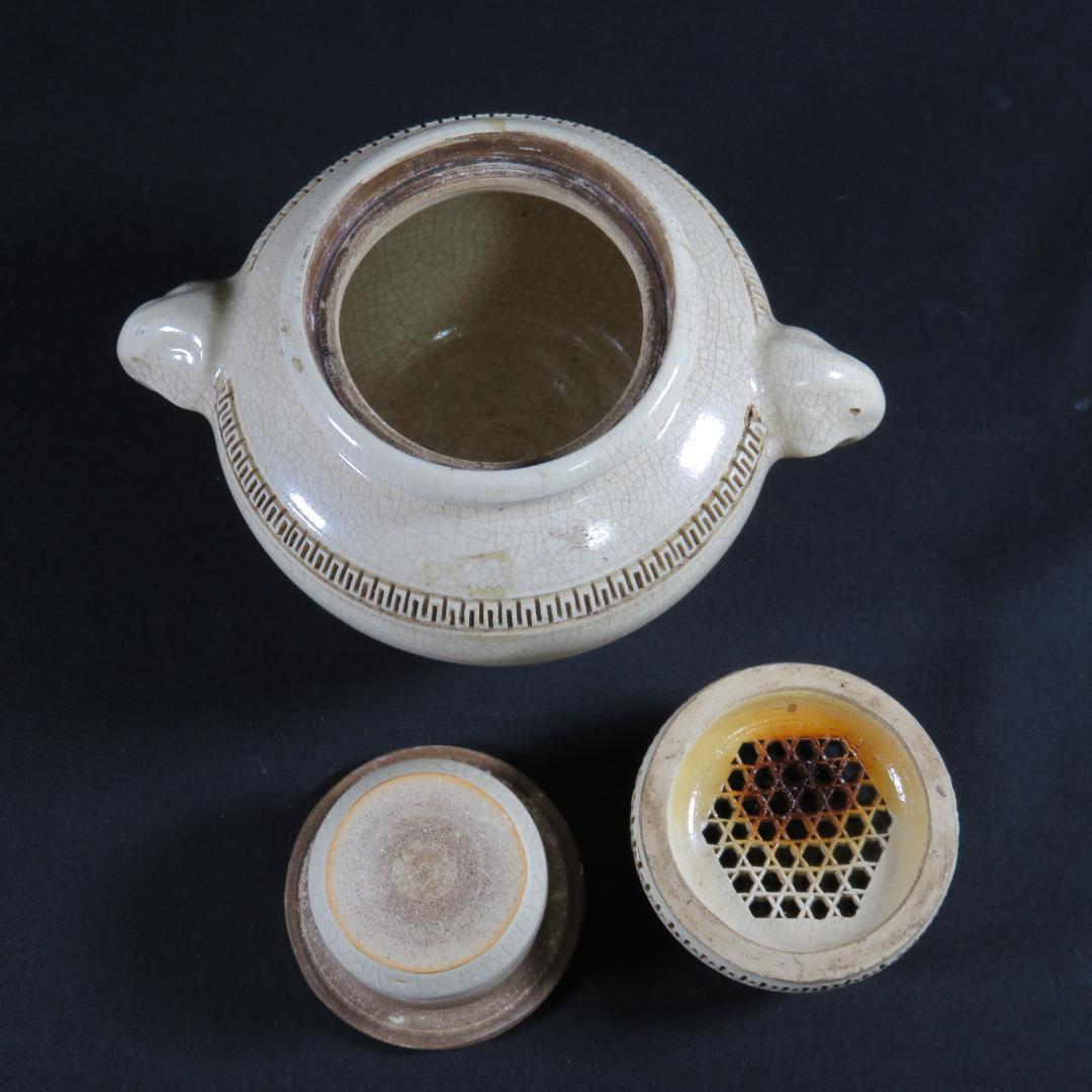 香炉 白磁 貫入 使用感あり 三つ足 象耳 双耳