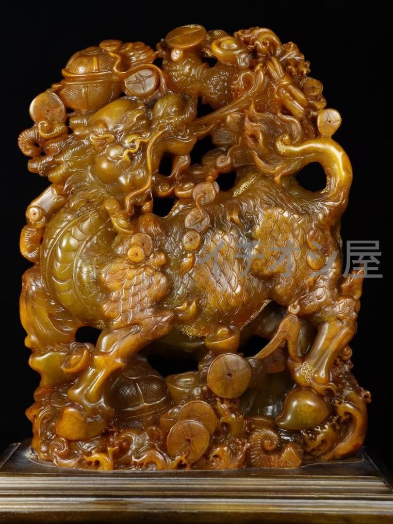 中国古美術 寿山石 呉昌碩作 龍鳳呈祥 置物 細密彫 賞物 名家作 書道具 印鑑