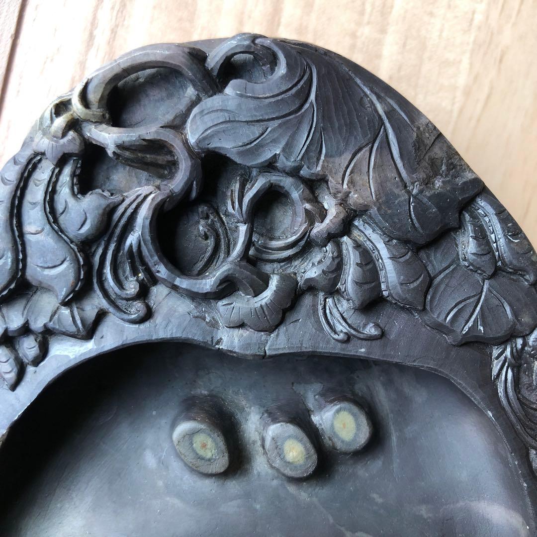 中国端渓硯 石眼あり 彫刻 唐木天地蓋付き　中古