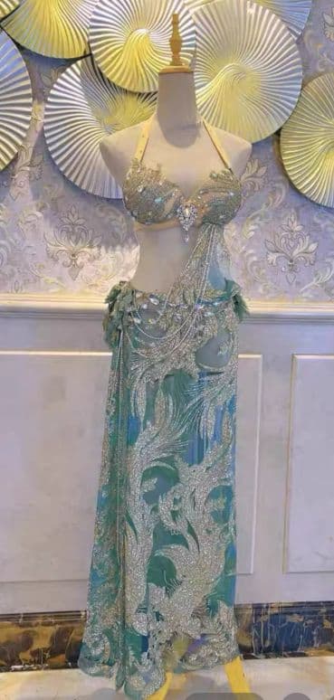 お得 美品一点物 ベリーダンス衣装 ブラスカートセット M 緑 コスチューム