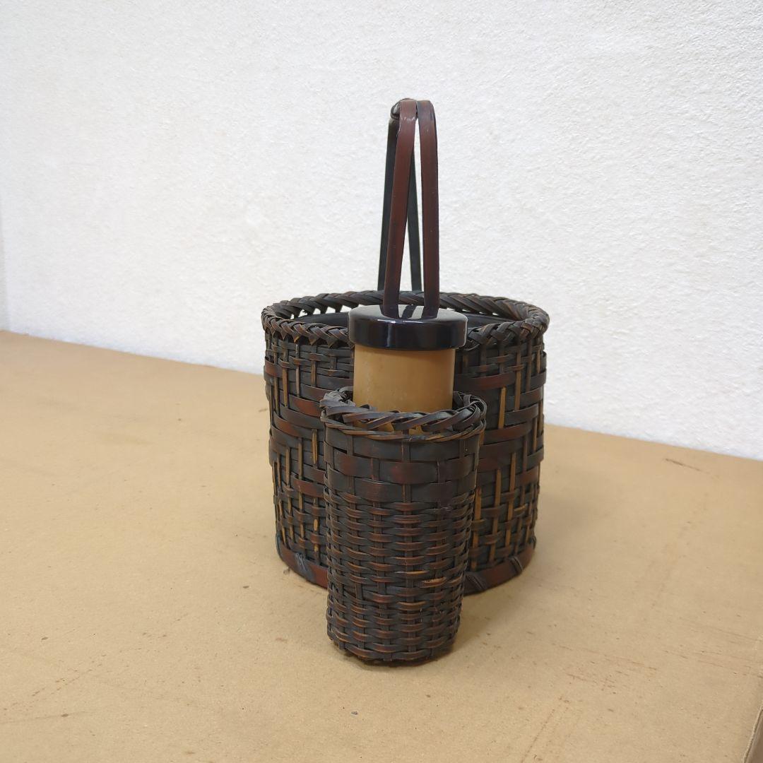 骨董　煙草盆　珍品　編み籠　内側陶器　花入　鉢カバー　手提げ　莨盆