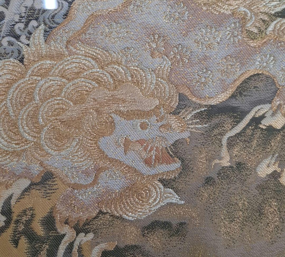 【織り額】金箔に織　額付き　滝に唐獅子