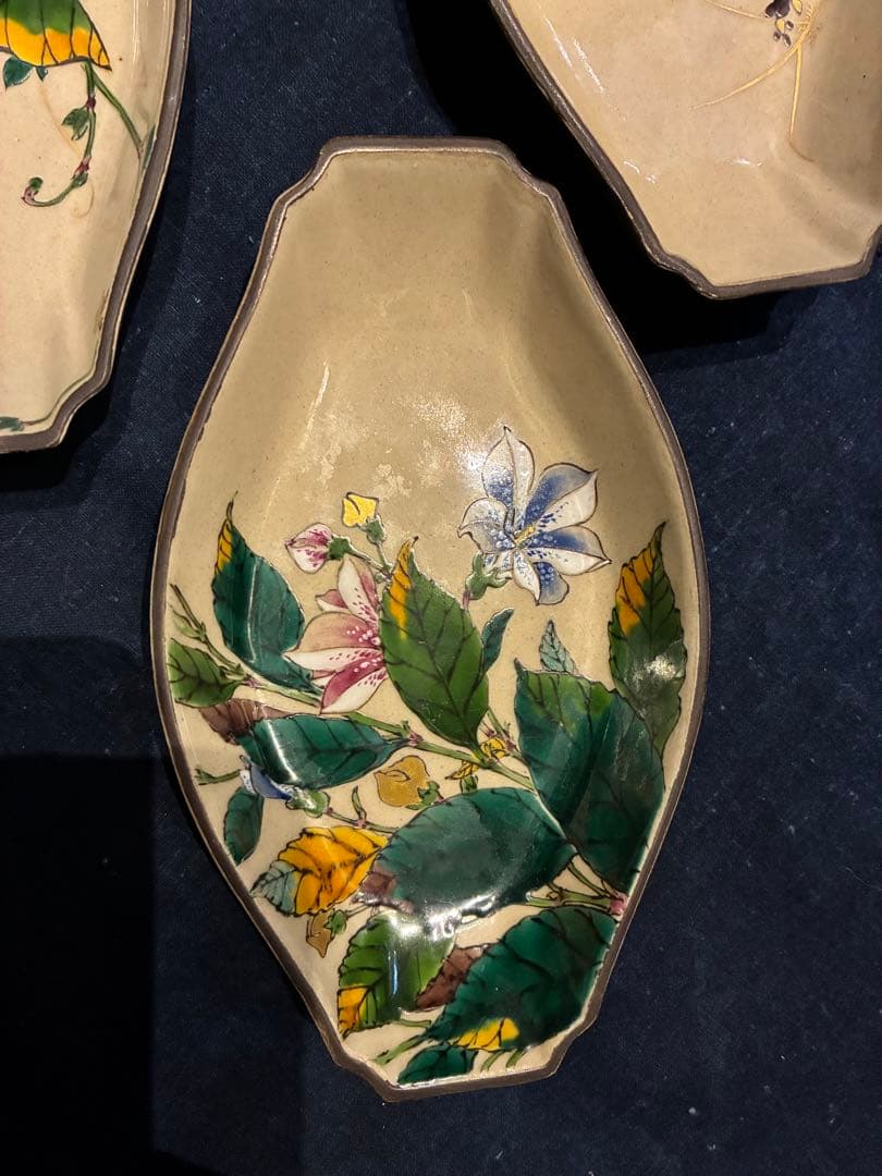 九谷焼　青手　絵がわり　菱皿　5枚　手描き　金彩　古手 傷無し　古九谷写