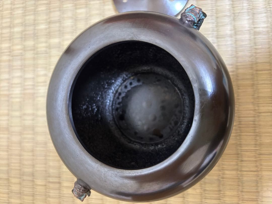 瑞峰作 銅製香炉 鳥摘蓋 唐草装飾 共箱付き 使用感あり