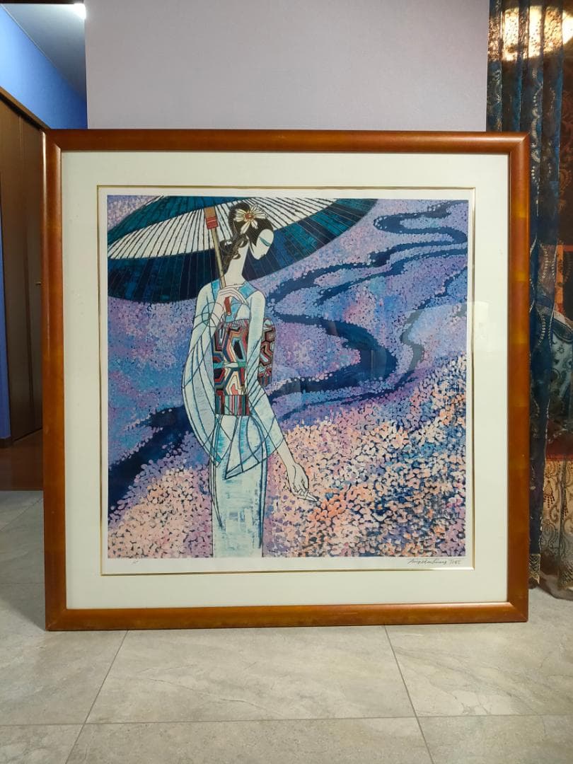 送料込【真作】　丁紹光　ティン・シャオカン　「春の雨」　シルクS　直筆サイン