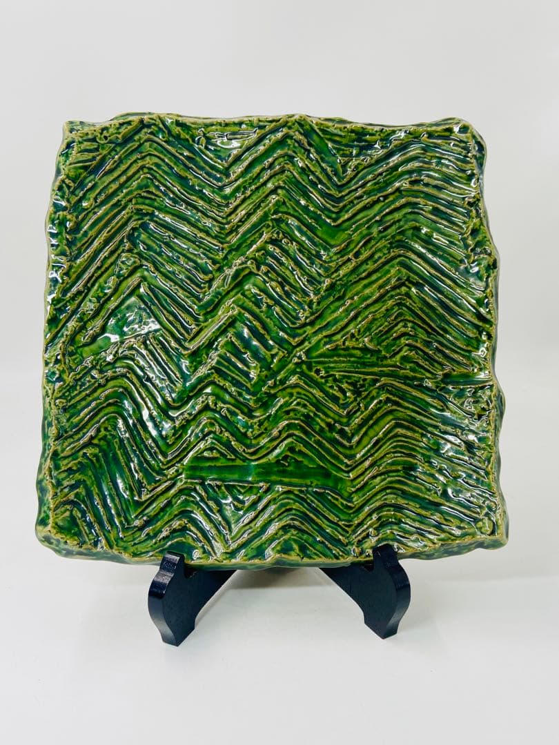 【翔武窯】織部　四方皿　道場六三郎デザイン　角皿　桐共箱　美品　限定　27.5㎝