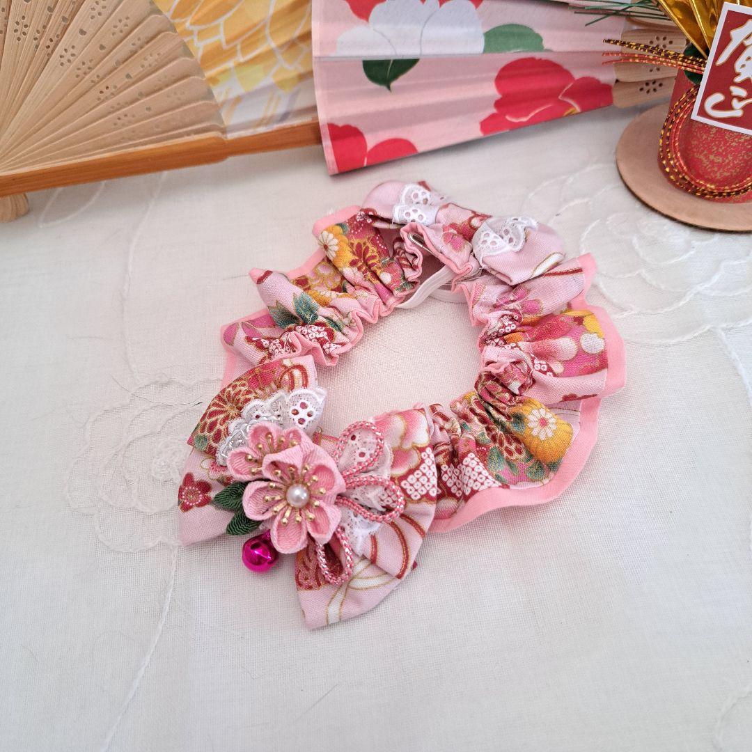 短毛シュシュ、和風妻み細工(ピンク③)わんちゃん猫ちゃん用