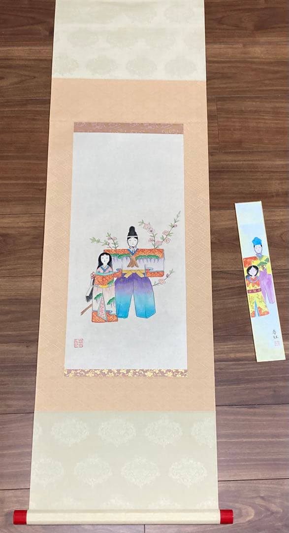 望月春江 真作　掛軸 短冊　めおと雛　桃の節句　雛祭りに　 肉筆 日本画