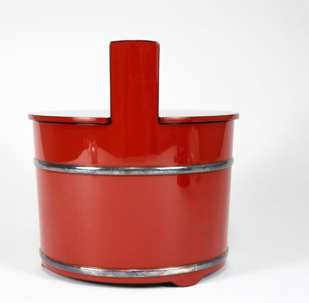 木製　輪島塗　銀輪線　朱漆塗り　手桶水指　共箱　茶道具