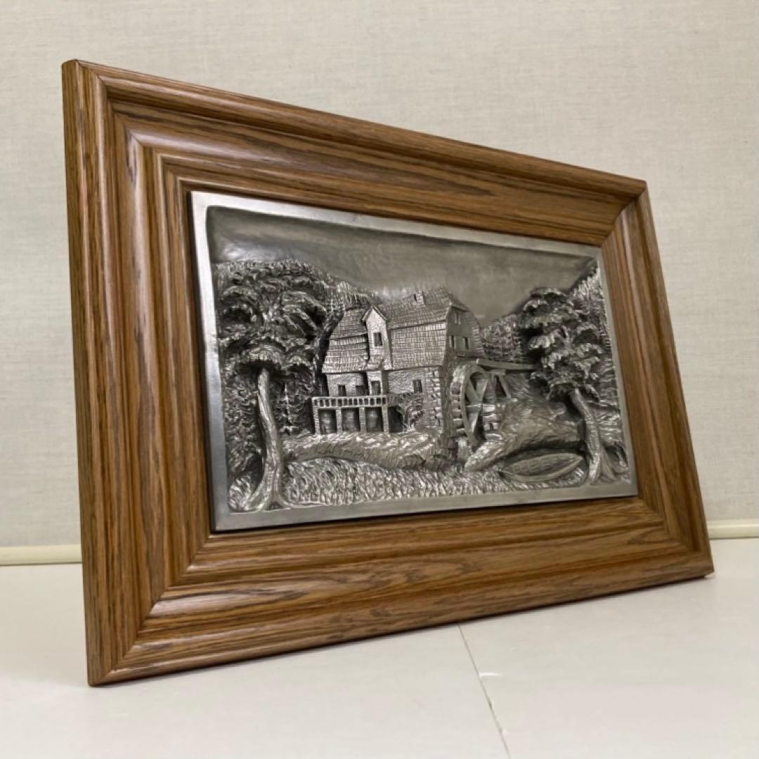 ドイツ 錫 金属 工芸品 彫刻 手作り 額装 レリーフ レトロ ヴィンテージ