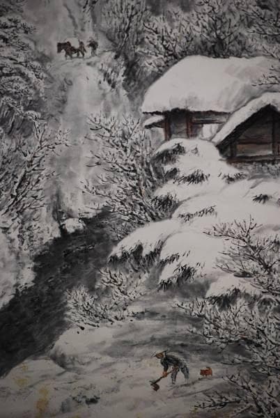 真作/耕壽/渓山瑞雪/絹表装/桐共箱付/布袋屋掛軸HC-664