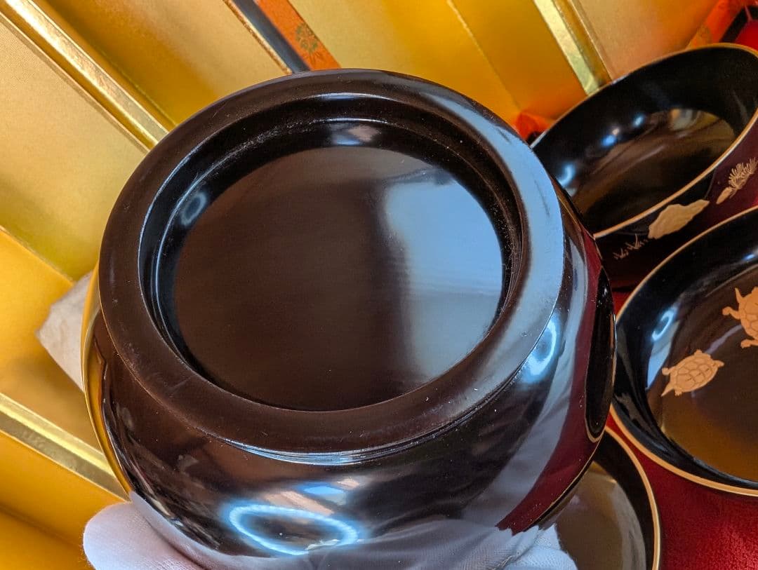 明治時代 輪島塗 金蒔絵 椀 2客 鶴亀 お正月用 木製 汁椀 菓子椀 漆器