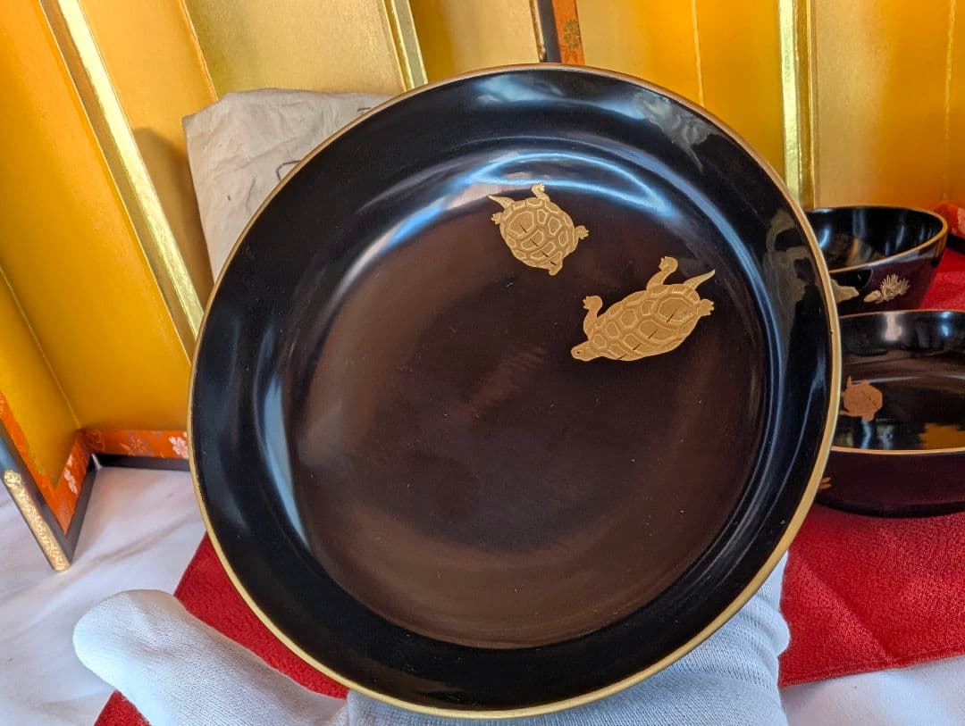 明治時代 輪島塗 金蒔絵 椀 2客 鶴亀 お正月用 木製 汁椀 菓子椀 漆器