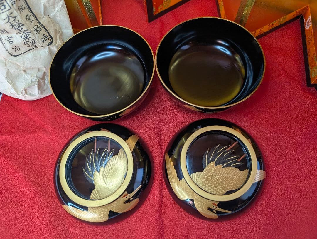 明治時代 輪島塗 金蒔絵 椀 2客 鶴亀 お正月用 木製 汁椀 菓子椀 漆器
