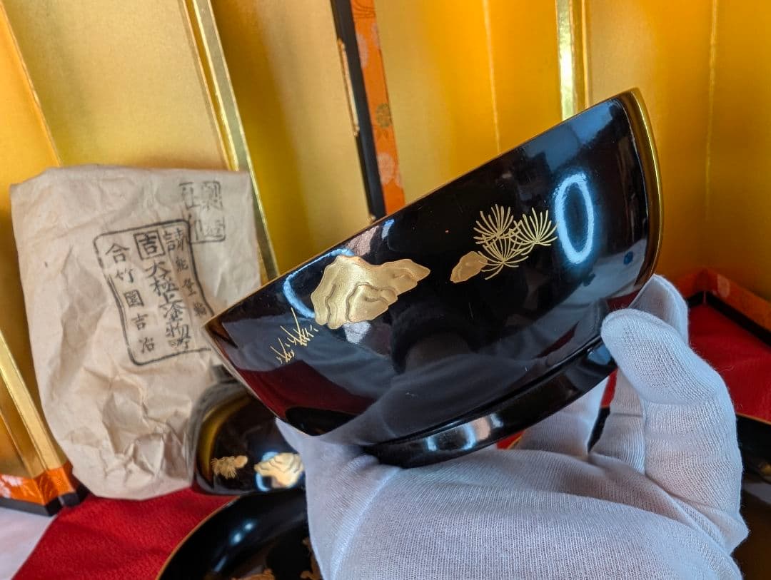 明治時代 輪島塗 金蒔絵 椀 2客 鶴亀 お正月用 木製 汁椀 菓子椀 漆器