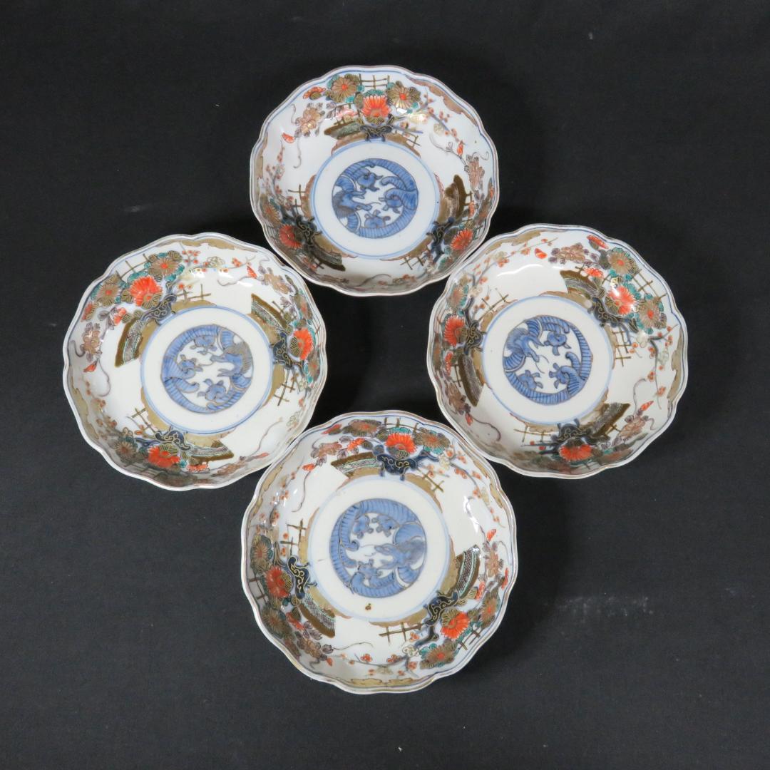 なます皿 4枚 源江製 竜 色絵付 金彩 花 豪華 蛇の目 江戸か