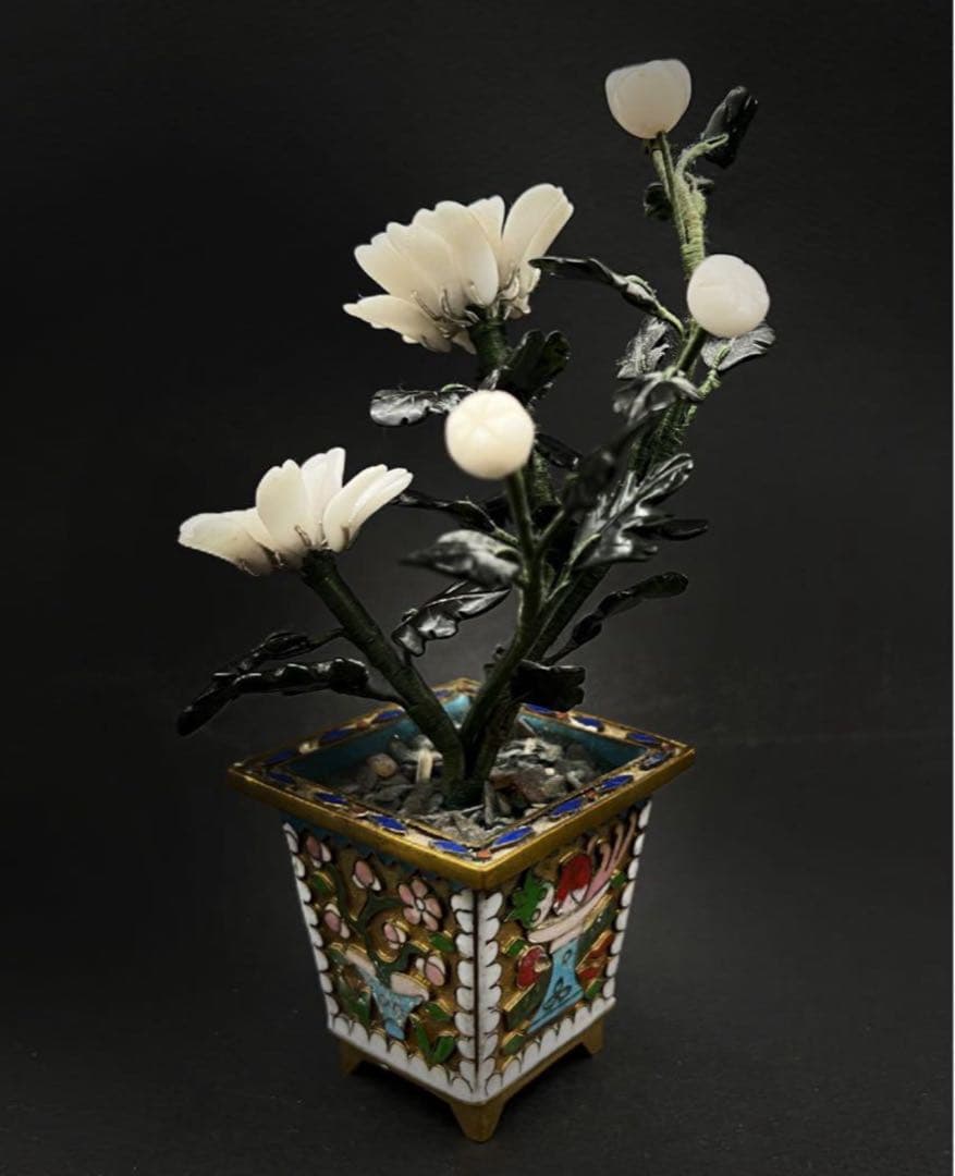 中国美術 古玩 七宝焼 景泰藍 玉石盆栽　玉石盆景