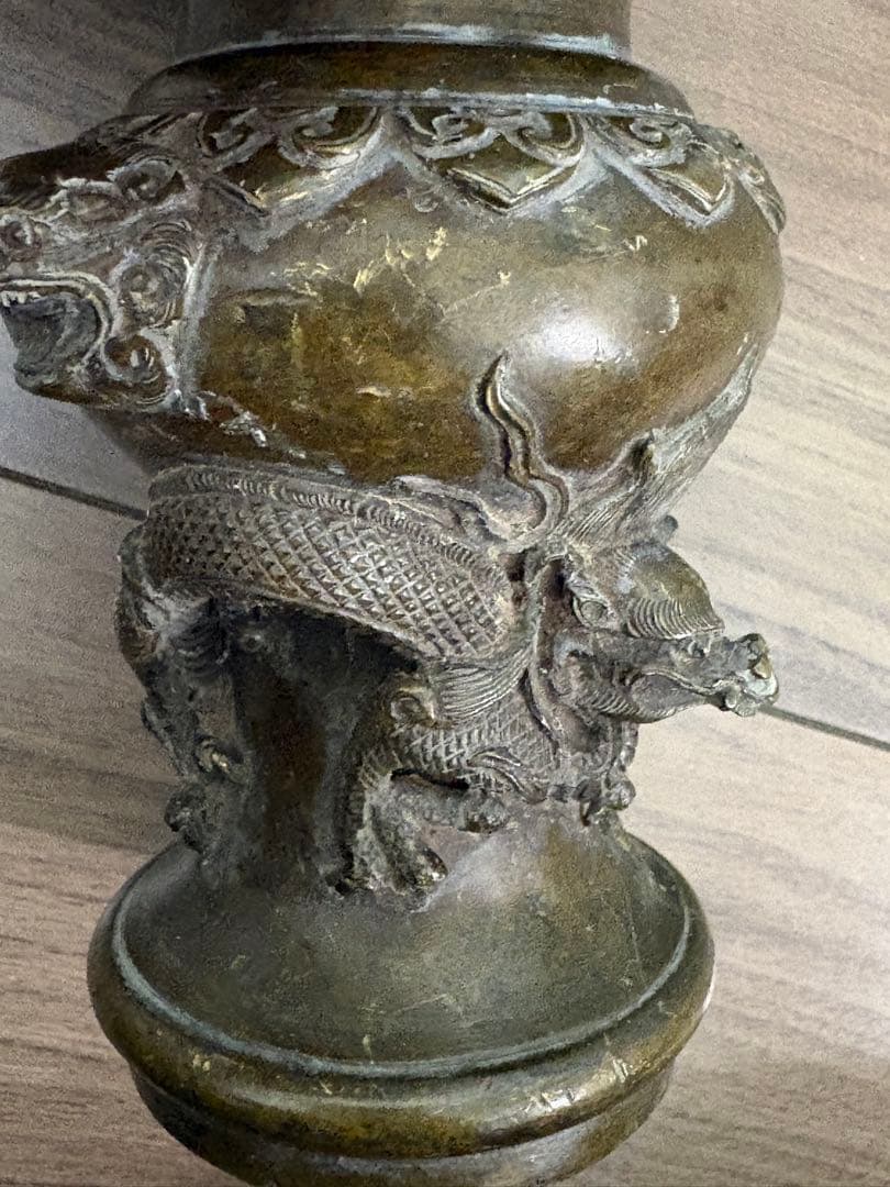 ▽ 錆物師 『鍋長』作江戸時代 龍雕刻 宣德銅製 古董