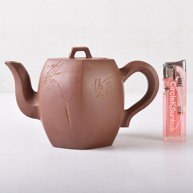 中国　小六方　紫砂　朱泥　漢詩草文　六角急須　茶壷　V　R8293