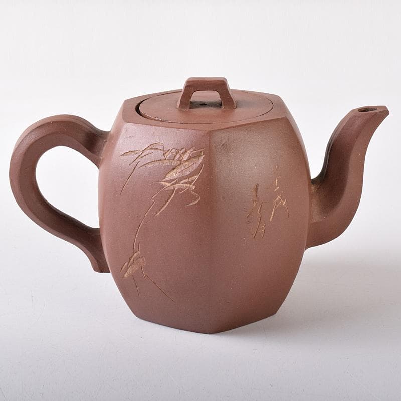 中国　小六方　紫砂　朱泥　漢詩草文　六角急須　茶壷　V　R8293