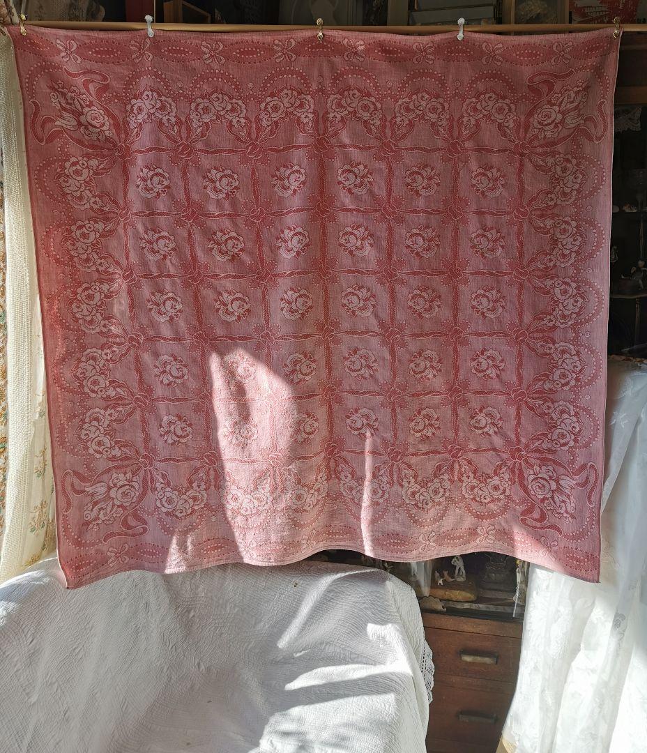 アンティーク フランス ダマスクローズ リボン 大判リネンクロス ダブルフェイス