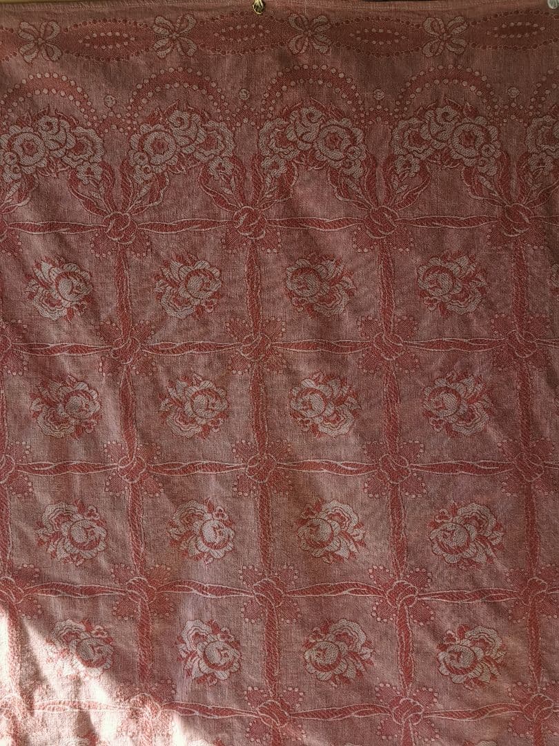 アンティーク フランス ダマスクローズ リボン 大判リネンクロス ダブルフェイス