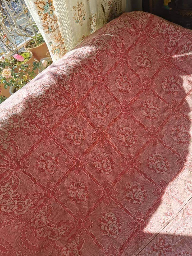 アンティーク フランス ダマスクローズ リボン 大判リネンクロス ダブルフェイス